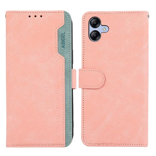 Funda de Cuero Abeel para Samsung Galaxy A05 4G Color Block Magnética Rfid (Rosa-Cian)