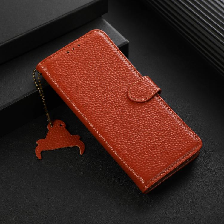 Funda Cuero Genuino Textura Lichi Rfid para OnePlus Ace 5/13R 5G (Café)