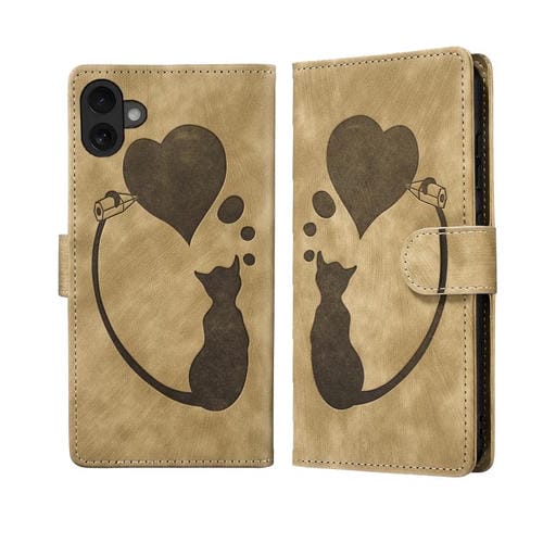 Funda de piel con relieve de gato y corazón para iPhone 17 (albaricoque)