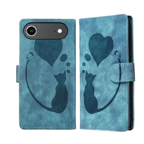 Funda de piel con relieve de gato y corazón para iPhone 17 Air Pen (azul)