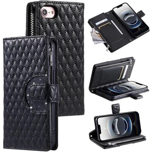 Funda Tipo Billetera Cuero con Cremallera y Diseño Celosía para iPhone 16E (Negra)