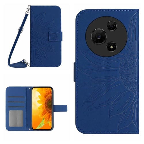Funda de piel con tapa y cordón para TCL 60 SE / 605, con diseño de girasoles en relieve (azul oscuro)