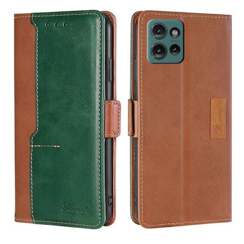Funda de Cuero con Hebilla Lateral para Motorola Edge 50 5G (Marrón Claro + Verde)