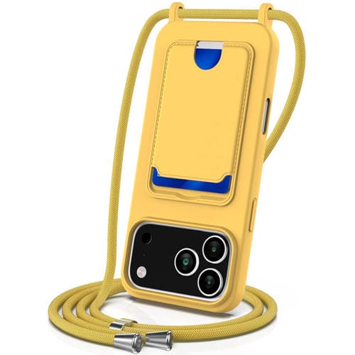 Funda de silicona líquida de color sólido con cordón para iPhone 17 Pro Max, con tarjetero integrado (amarilla)