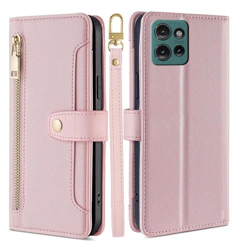 Funda Cuero Tipo Billetera con Cremallera Diseño Cruzado Textura Oveja para Motorola Edge 50 5G (Rosa)
