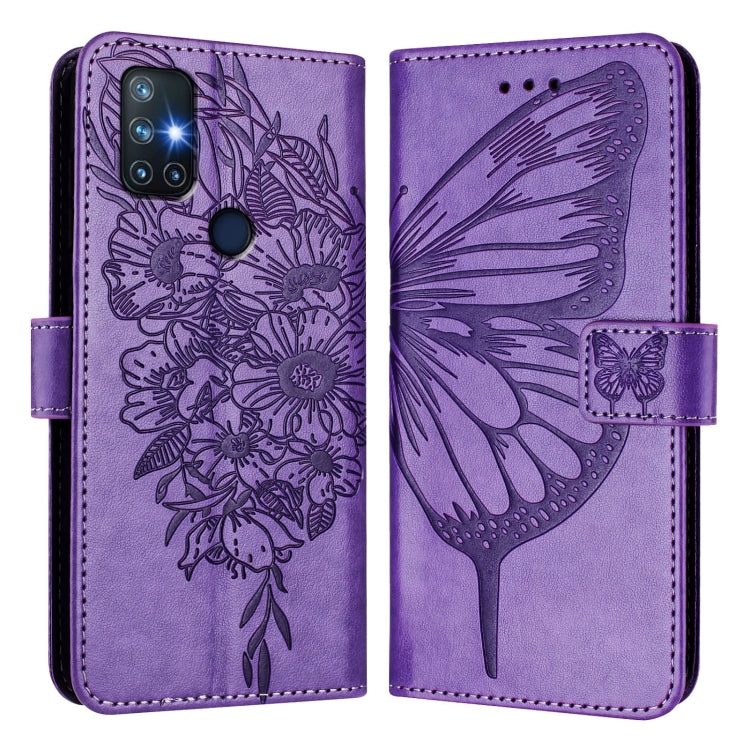Funda de Cuero para OnePlus Nord N10 5G con Diseño de Mariposa en Relieve (Morado Claro)