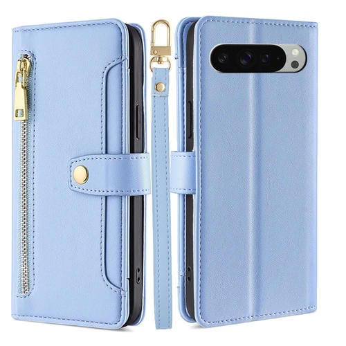 Funda Cuero Tipo Billetera Google Pixel 9 Pro XL con Cremallera Textura Oveja (Azul)