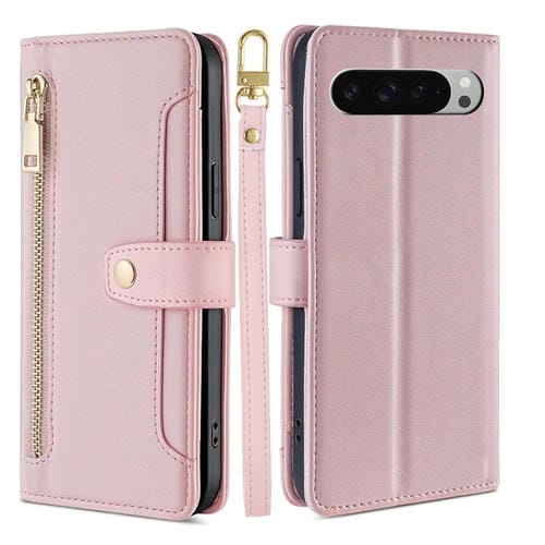 Funda de Cuero Tipo Billetera con Cremallera y Textura de Oveja para Google Pixel 9 Pro XL (Rosa)