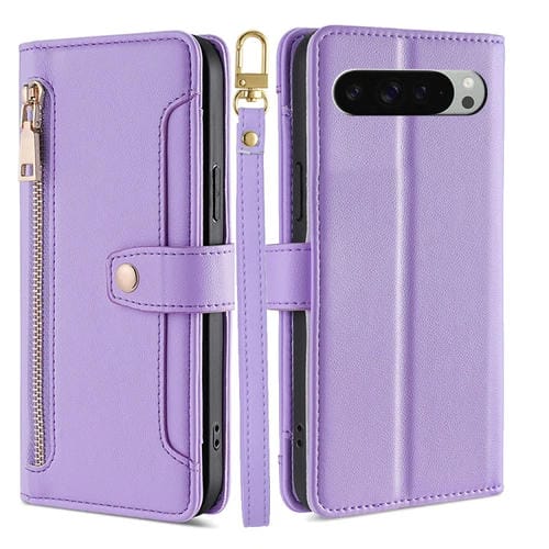 Funda Cuero Tipo Billetera con Cremallera y Textura Oveja para Google Pixel 9 Pro XL (Morado)