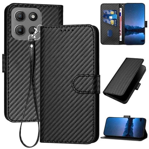 Funda de Cuero con Hebilla de Fibra de Carbono para Motorola Moto G15 Yx0070 con Cordón (Negro)