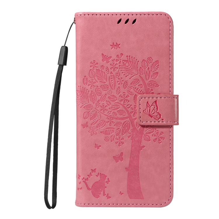 Funda de Cuero con Tapa para OnePlus 13 con Diseño de Árbol y Gato en Relieve (Rosa)