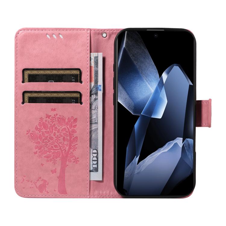 Funda de Cuero con Tapa para OnePlus 13 con Diseño de Árbol y Gato en Relieve (Rosa)