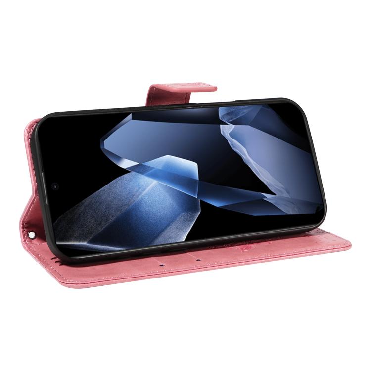 Funda de Cuero con Tapa para OnePlus 13 con Diseño de Árbol y Gato en Relieve (Rosa)