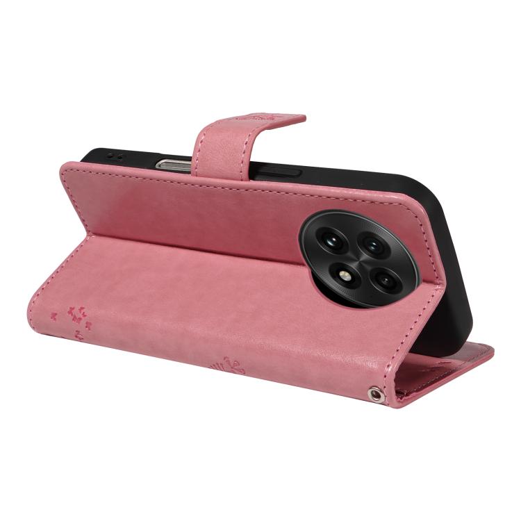 Funda de Cuero con Tapa para OnePlus 13 con Diseño de Árbol y Gato en Relieve (Rosa)