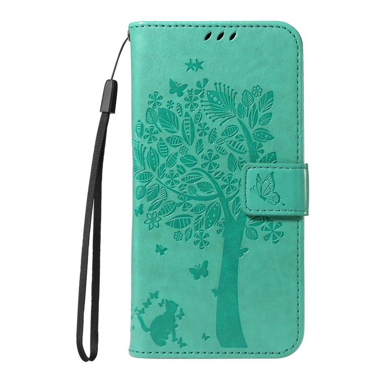 Funda de Cuero con Tapa para OnePlus 13 con Patrón En Relieve Árbol y Gato (Verde)