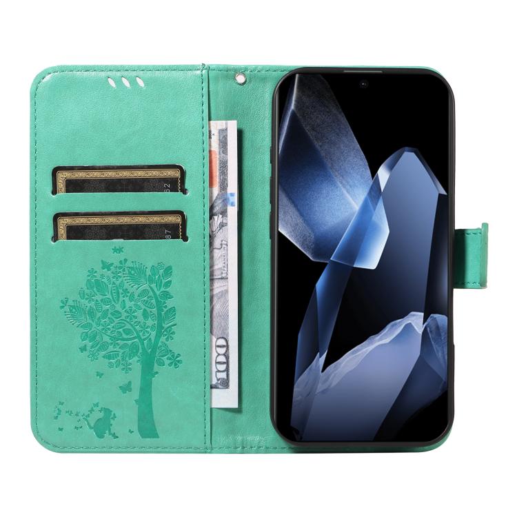 Funda de Cuero con Tapa para OnePlus 13 con Patrón En Relieve Árbol y Gato (Verde)
