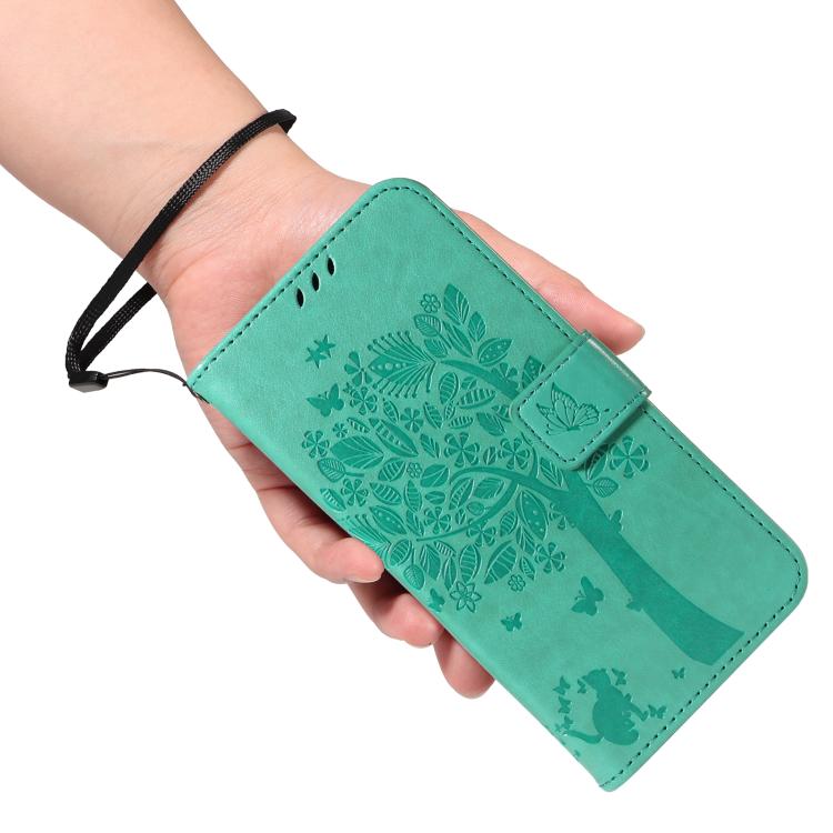 Funda de Cuero con Tapa para OnePlus 13 con Patrón En Relieve Árbol y Gato (Verde)
