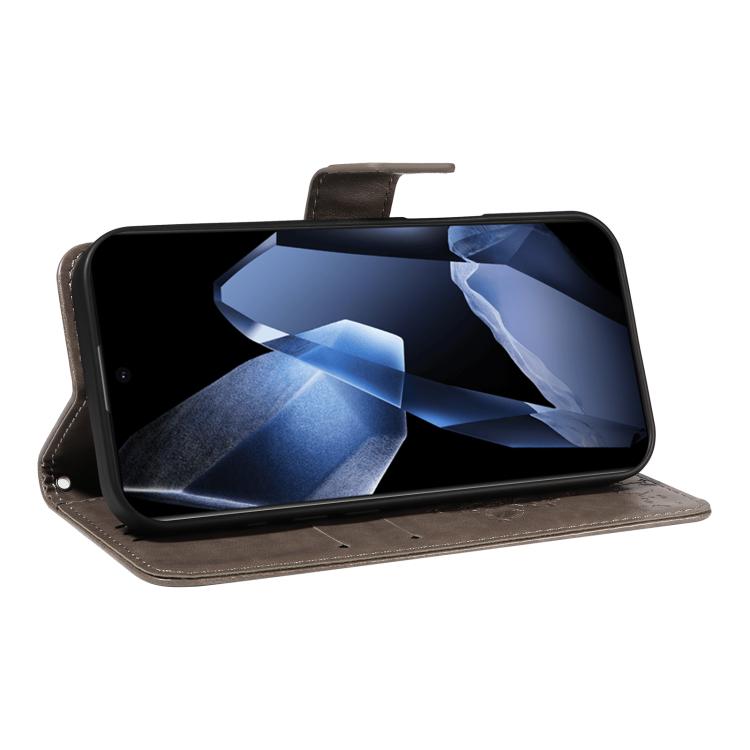Funda de Cuero con Tapa para OnePlus 13 con Diseño de Árbol y Gato en Relieve (Gris)