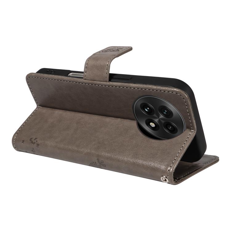 Funda de Cuero con Tapa para OnePlus 13 con Diseño de Árbol y Gato en Relieve (Gris)