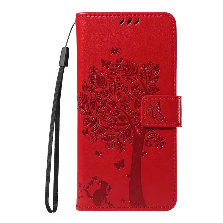Funda de Cuero con Tapa para OnePlus 13 con Patrón En Relieve de Árbol y Gato (Rojo)