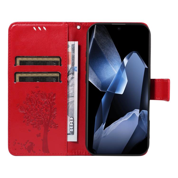 Funda de Cuero con Tapa para OnePlus 13 con Patrón En Relieve de Árbol y Gato (Rojo)