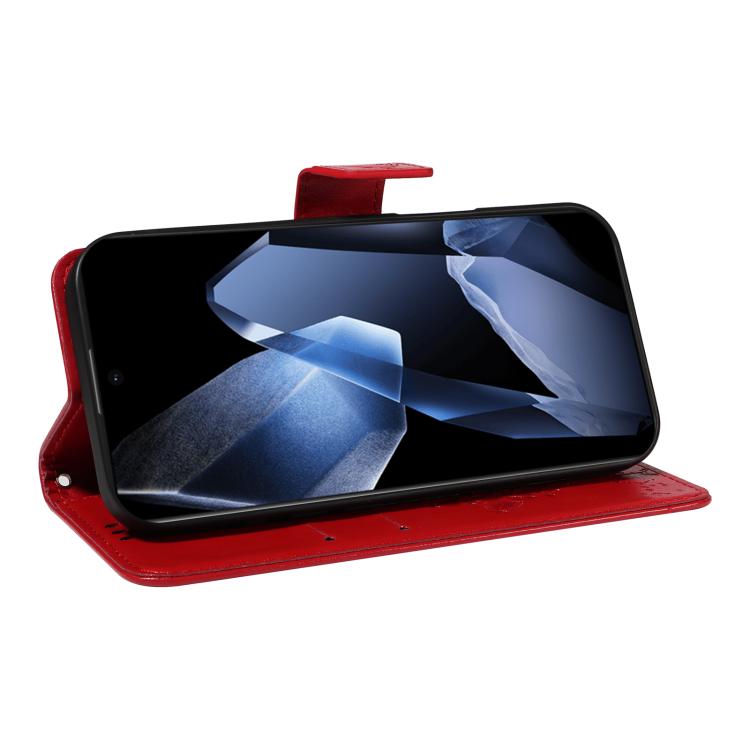 Funda de Cuero con Tapa para OnePlus 13 con Patrón En Relieve de Árbol y Gato (Rojo)