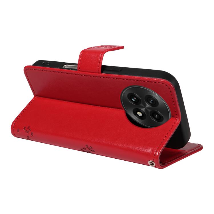 Funda de Cuero con Tapa para OnePlus 13 con Patrón En Relieve de Árbol y Gato (Rojo)