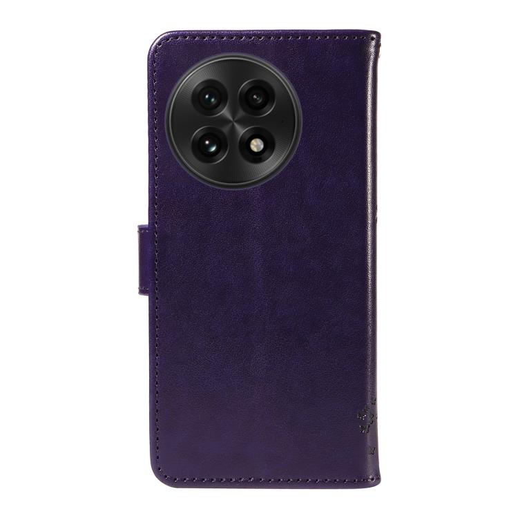 Funda de Cuero con Tapa para OnePlus 13 con Diseño Árbol y Gato en Relieve (Morado)