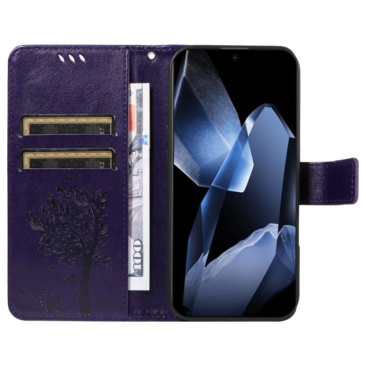 Funda de Cuero con Tapa para OnePlus 13 con Diseño Árbol y Gato en Relieve (Morado)