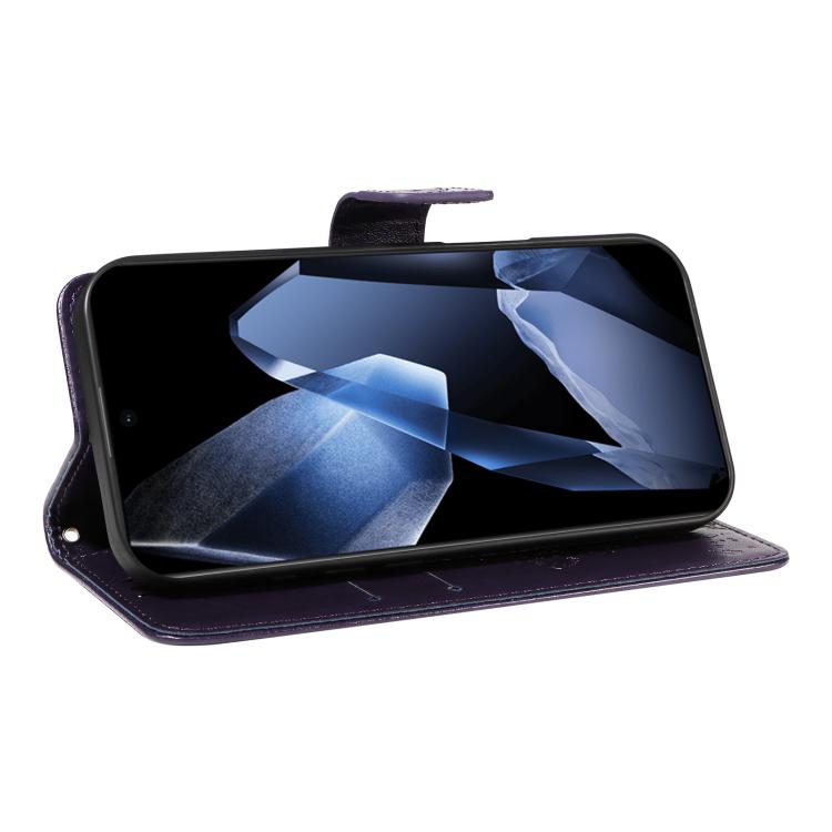 Funda de Cuero con Tapa para OnePlus 13 con Diseño Árbol y Gato en Relieve (Morado)
