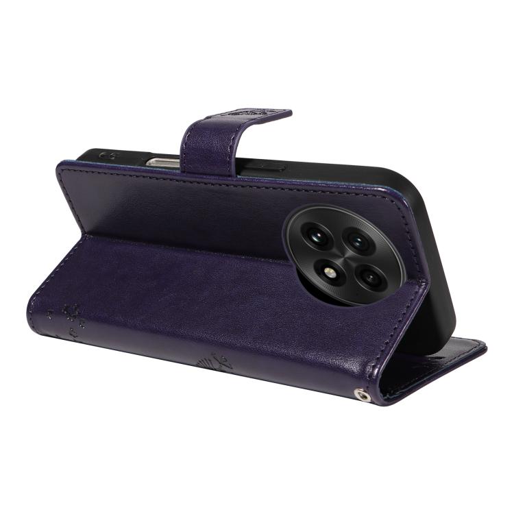 Funda de Cuero con Tapa para OnePlus 13 con Diseño Árbol y Gato en Relieve (Morado)