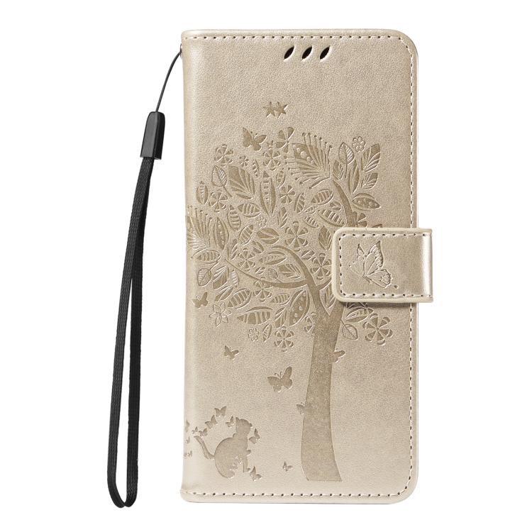 Funda de Cuero con Tapa para OnePlus 13 Diseño Árbol y Gato En Relieve (Dorada)