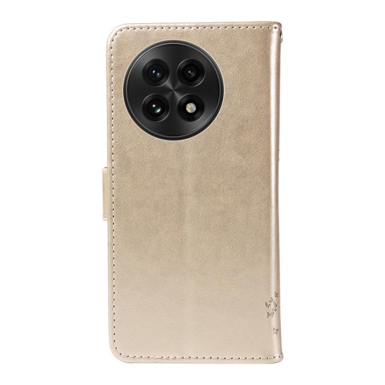 Funda de Cuero con Tapa para OnePlus 13 Diseño Árbol y Gato En Relieve (Dorada)