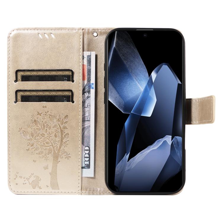 Funda de Cuero con Tapa para OnePlus 13 Diseño Árbol y Gato En Relieve (Dorada)