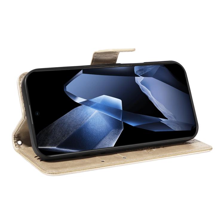 Funda de Cuero con Tapa para OnePlus 13 Diseño Árbol y Gato En Relieve (Dorada)