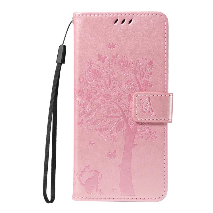 Funda de Cuero con Tapa para OnePlus 13 con Diseño de Árbol y Gato en Relieve (Oro Rosa)