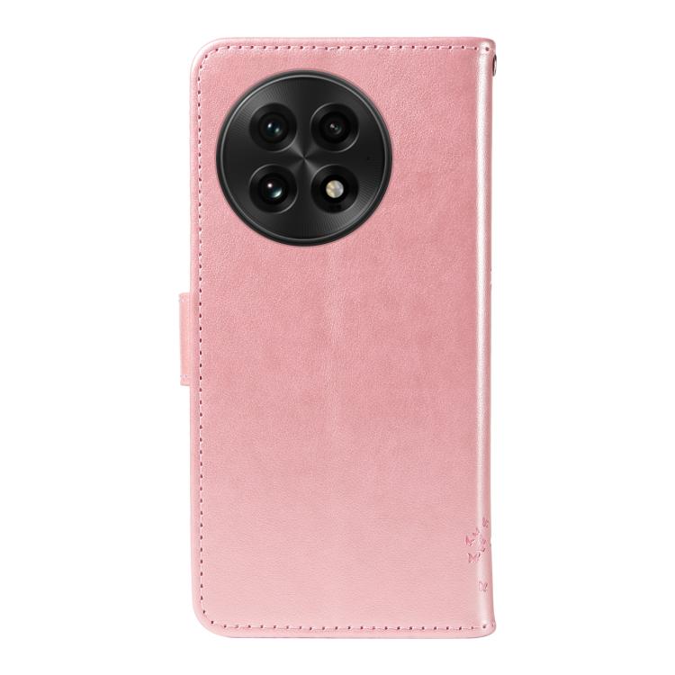 Funda de Cuero con Tapa para OnePlus 13 con Diseño de Árbol y Gato en Relieve (Oro Rosa)