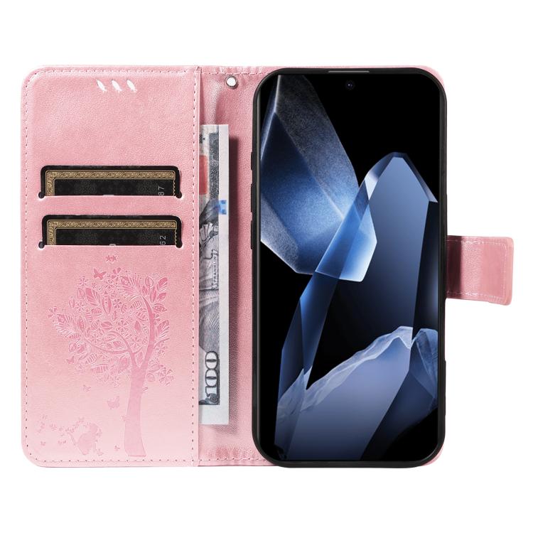 Funda de Cuero con Tapa para OnePlus 13 con Diseño de Árbol y Gato en Relieve (Oro Rosa)