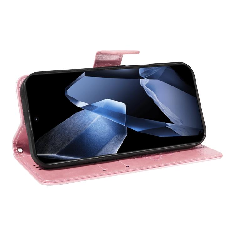 Funda de Cuero con Tapa para OnePlus 13 con Diseño de Árbol y Gato en Relieve (Oro Rosa)
