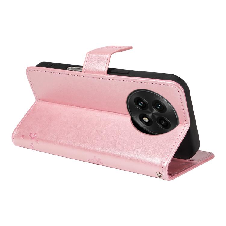 Funda de Cuero con Tapa para OnePlus 13 con Diseño de Árbol y Gato en Relieve (Oro Rosa)