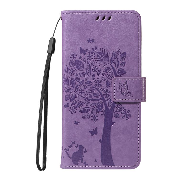 Funda de Cuero con Tapa para OnePlus 13R Global con Diseño de Árbol y Gato En Relieve (Morado Claro)