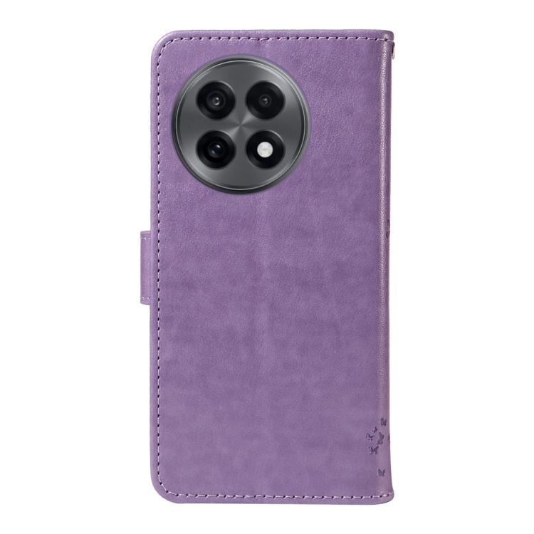 Funda de Cuero con Tapa para OnePlus 13R Global con Diseño de Árbol y Gato En Relieve (Morado Claro)