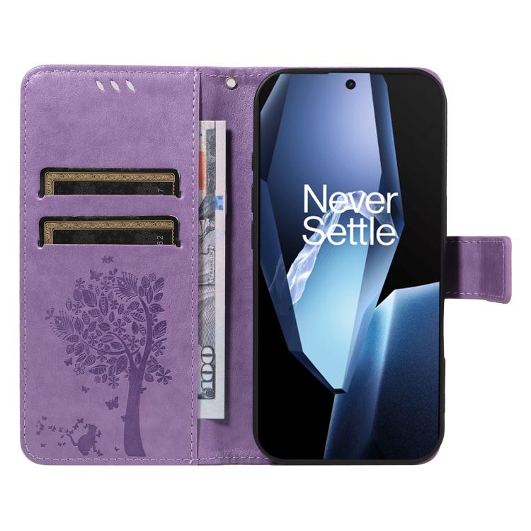 Funda de Cuero con Tapa para OnePlus 13R Global con Diseño de Árbol y Gato En Relieve (Morado Claro)