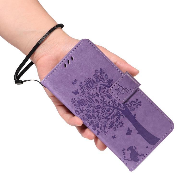 Funda de Cuero con Tapa para OnePlus 13R Global con Diseño de Árbol y Gato En Relieve (Morado Claro)