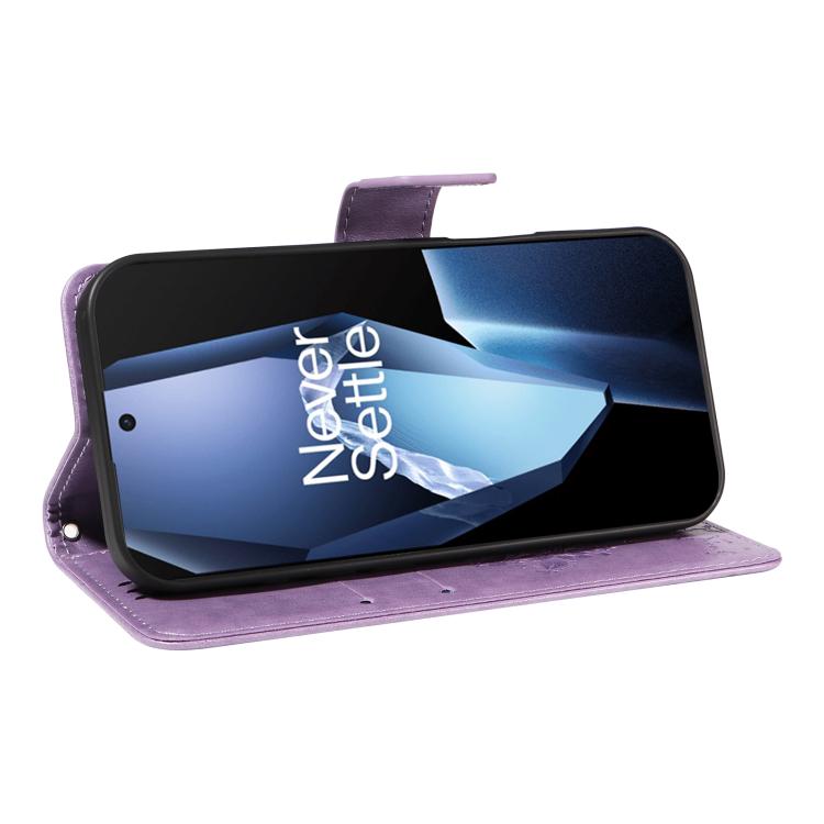Funda de Cuero con Tapa para OnePlus 13R Global con Diseño de Árbol y Gato En Relieve (Morado Claro)