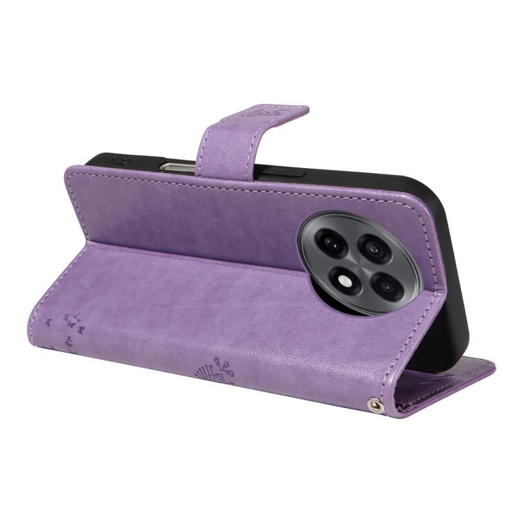 Funda de Cuero con Tapa para OnePlus 13R Global con Diseño de Árbol y Gato En Relieve (Morado Claro)