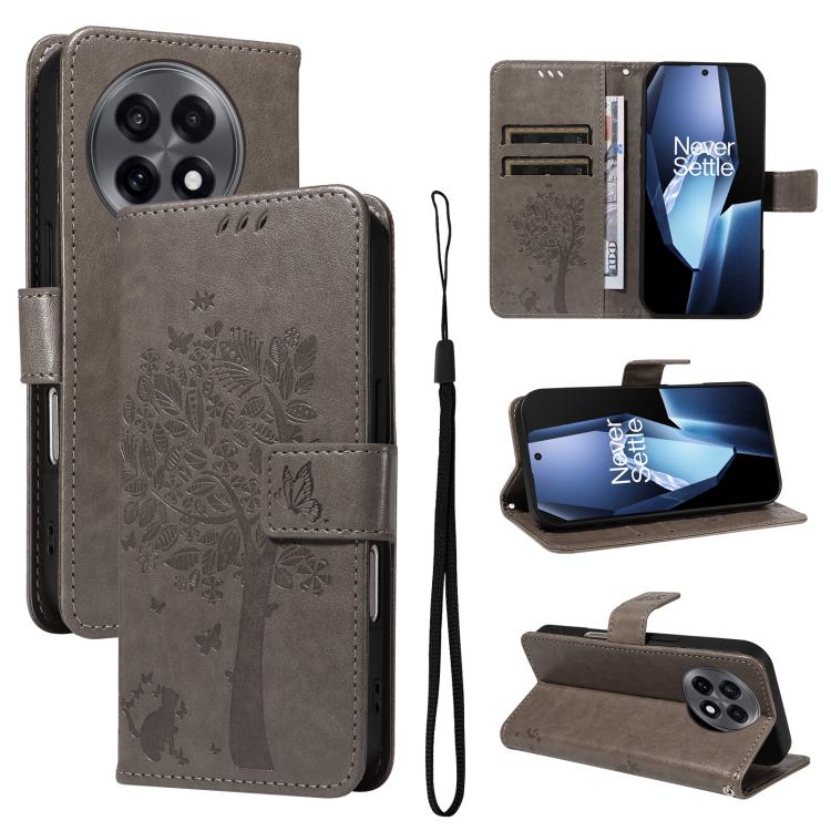 Funda de Cuero con Tapa para OnePlus 13R Global con Diseño de Árbol y Gato En Relieve (Gris)