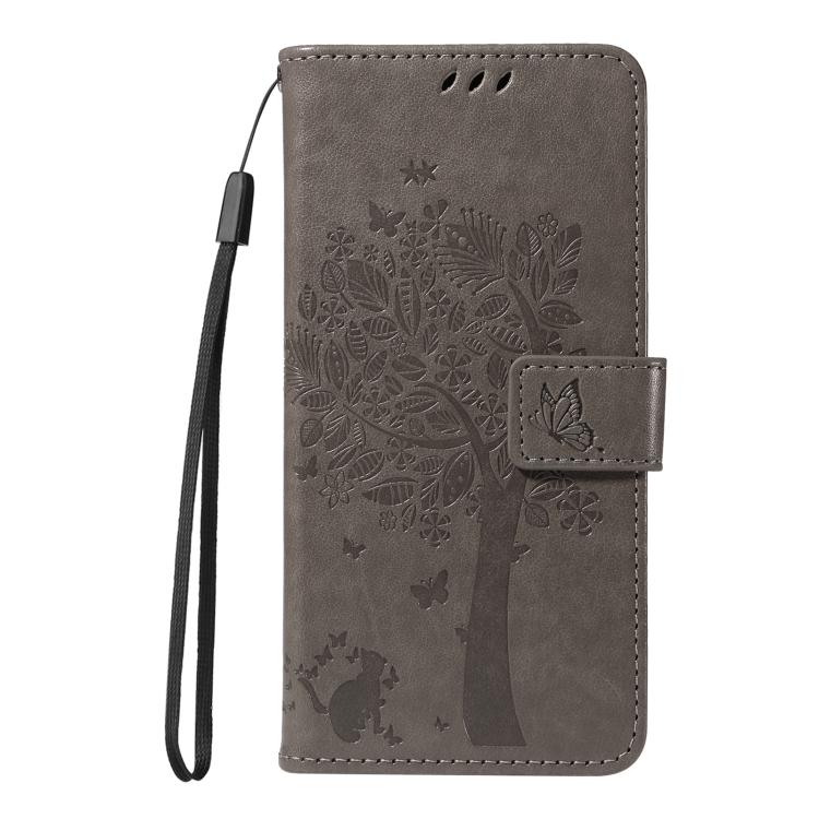 Funda de Cuero con Tapa para OnePlus 13R Global con Diseño de Árbol y Gato En Relieve (Gris)