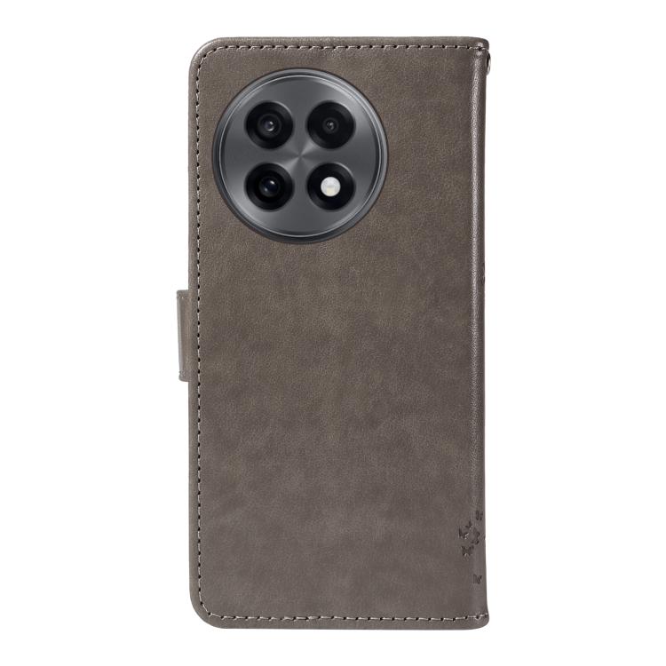 Funda de Cuero con Tapa para OnePlus 13R Global con Diseño de Árbol y Gato En Relieve (Gris)