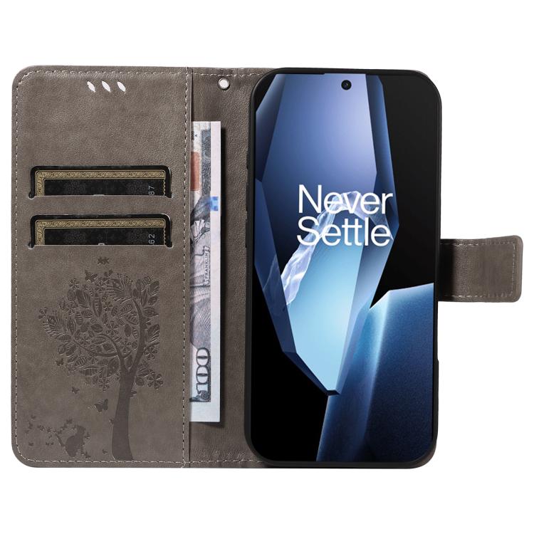 Funda de Cuero con Tapa para OnePlus 13R Global con Diseño de Árbol y Gato En Relieve (Gris)